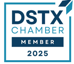 DSTX Chamber Member 2025 logo in blue, teal, and white with a border and arrow icon