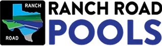 Ranch Road Pools logo with Texas map icon and bold black and blue text