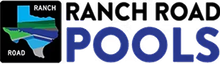 Ranch Road Pools logo with Texas map icon and bold black and blue text
