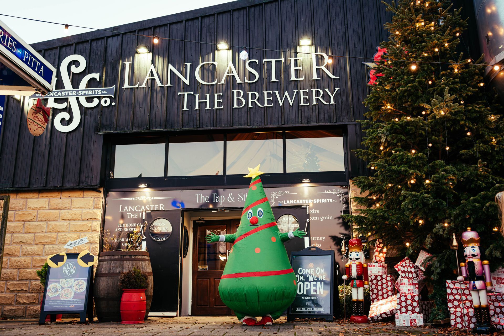 Festive lights and decorated stalls at Lancaster Brewery