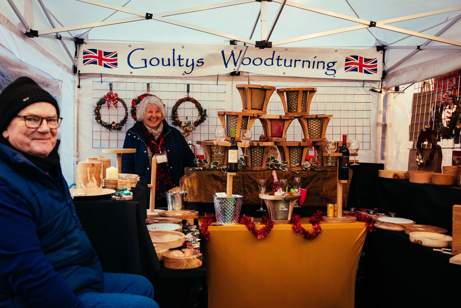 Handcrafted wooden gifts displayed at Lancaster Christmas Market