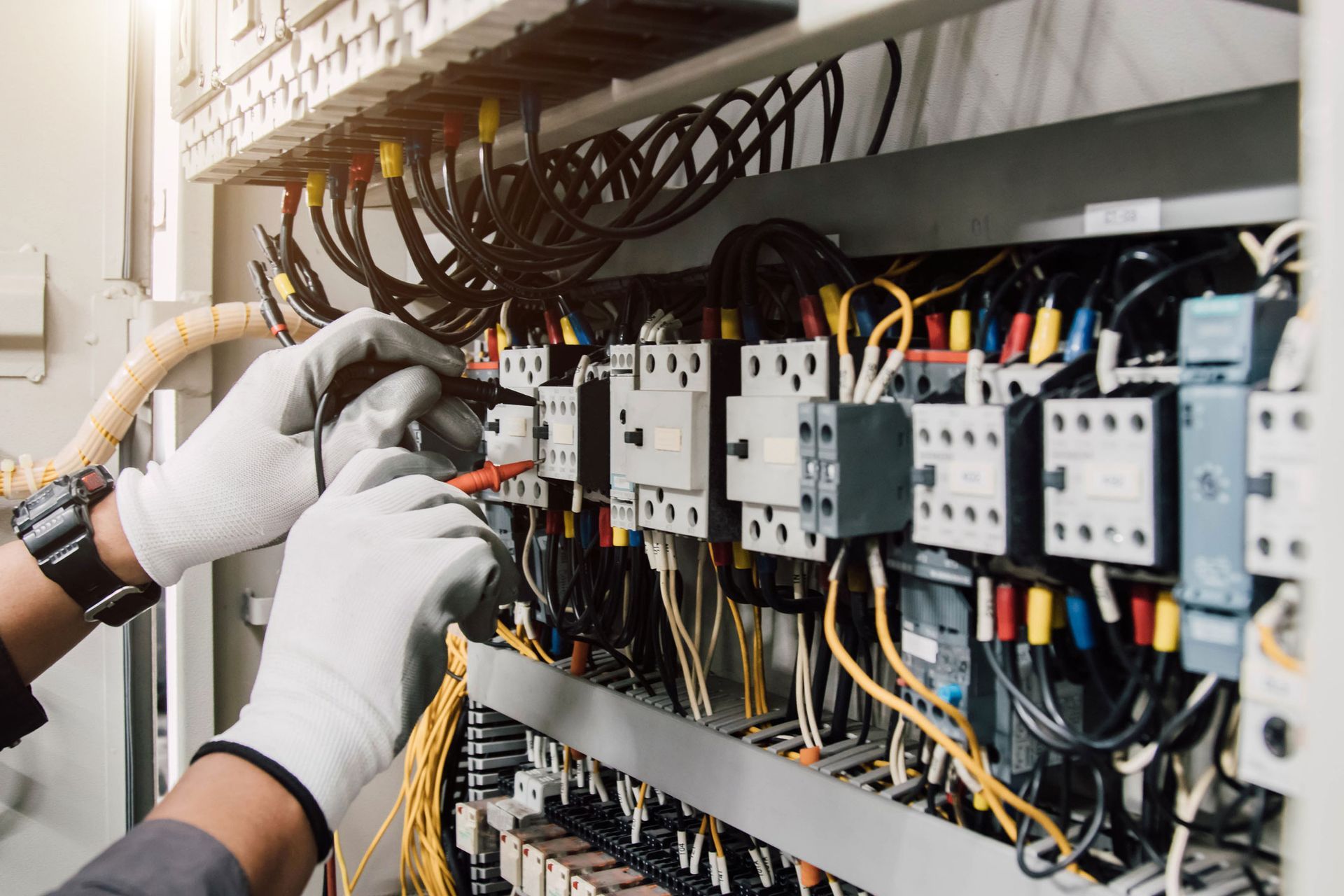 Close up to electrician’s hands with gloves working on electrical components.