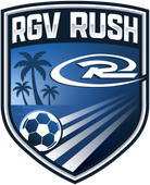 RGV Rush soccer team crest in blue and white with palm trees, soccer ball, and stylized “R2” logo