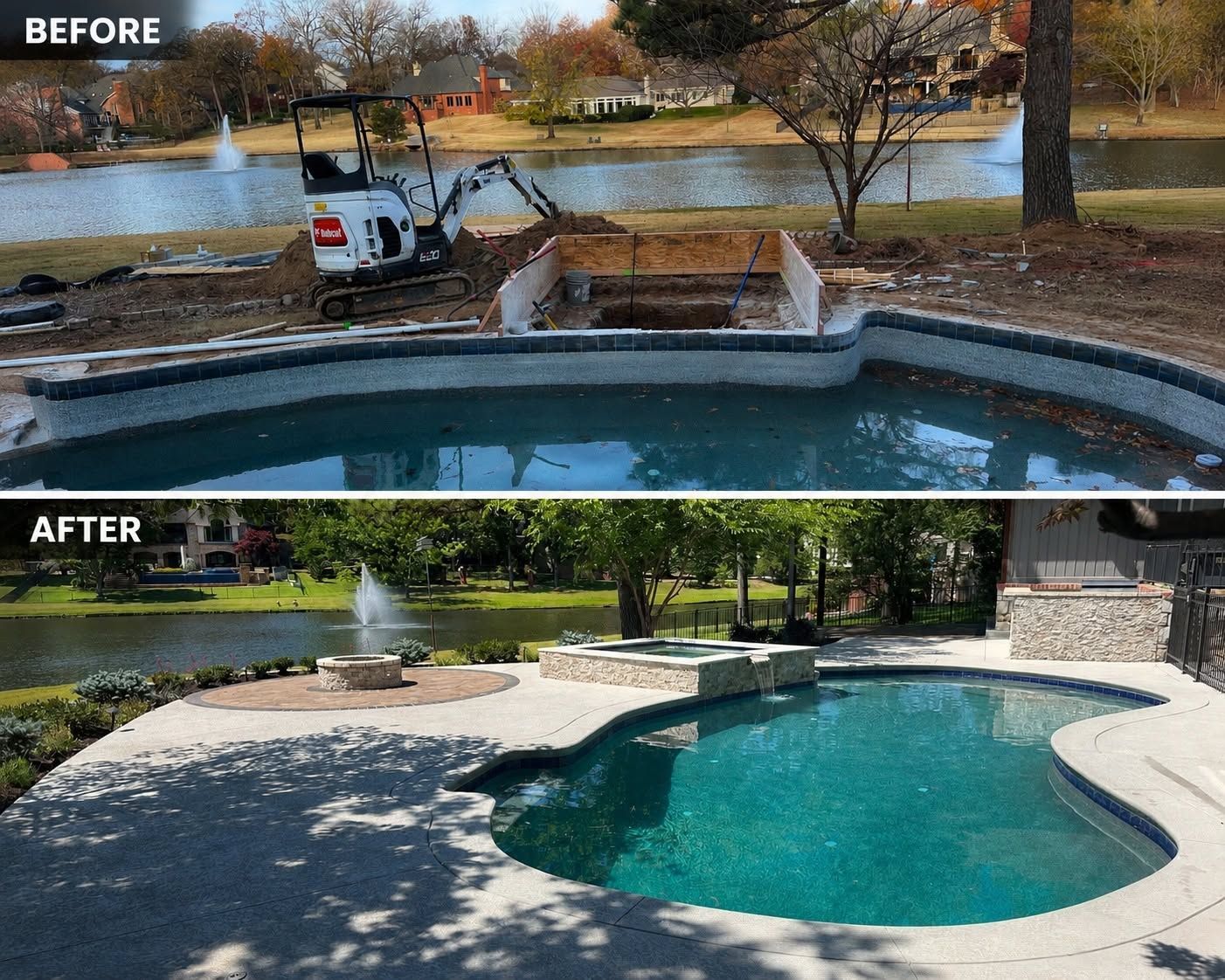 Before-and-after of a backyard pool renovation, showing a worn pool replaced with a clean, updated turquoise pool.