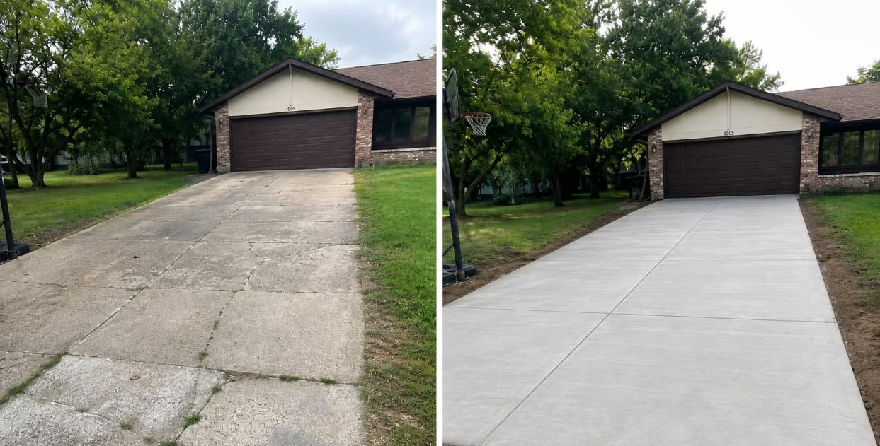 Before-and-after view of a driveway resurfaced from cracked concrete to smooth new concrete leading to a garage.