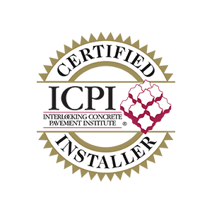 Certified ICPI Installer logo with tan and black text and a red paver icon