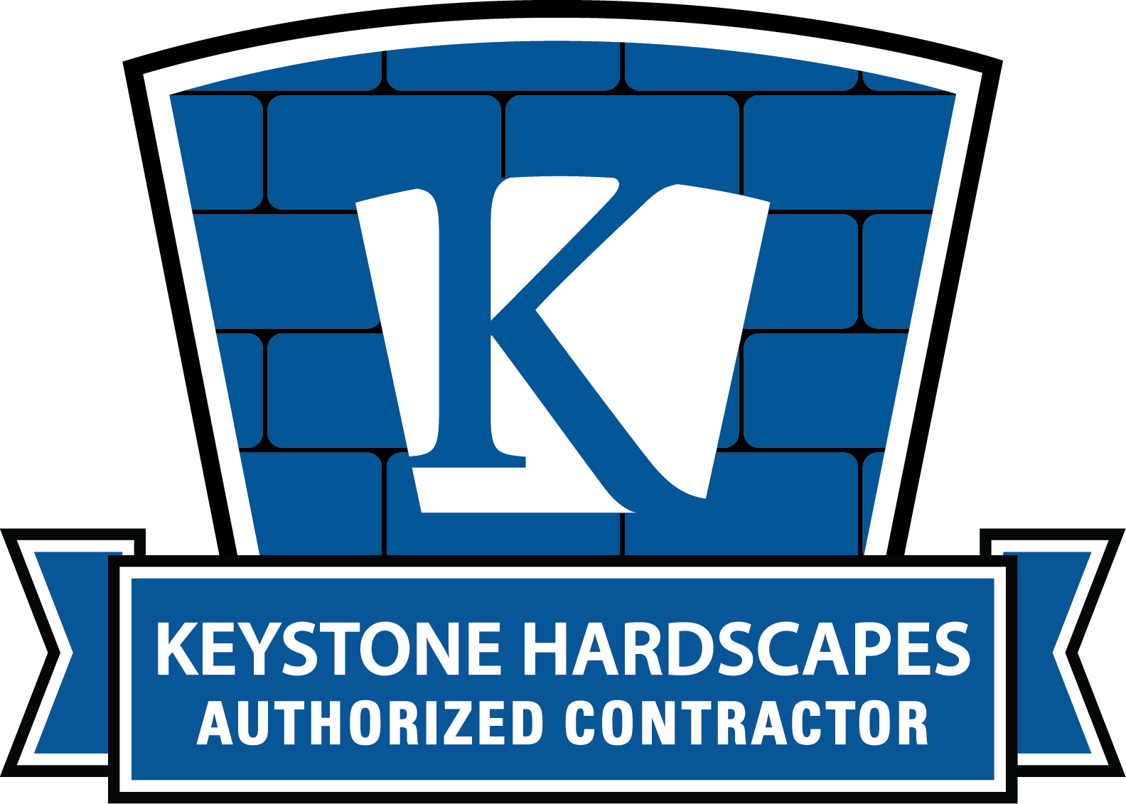 Keystone Hardscapes authorized contractor logo with white K on blue brick shield Keystone Hardscapes authorized contractor logo with white K on blue brick shield
