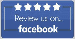 Blue “Review us on Facebook” banner with five white stars.