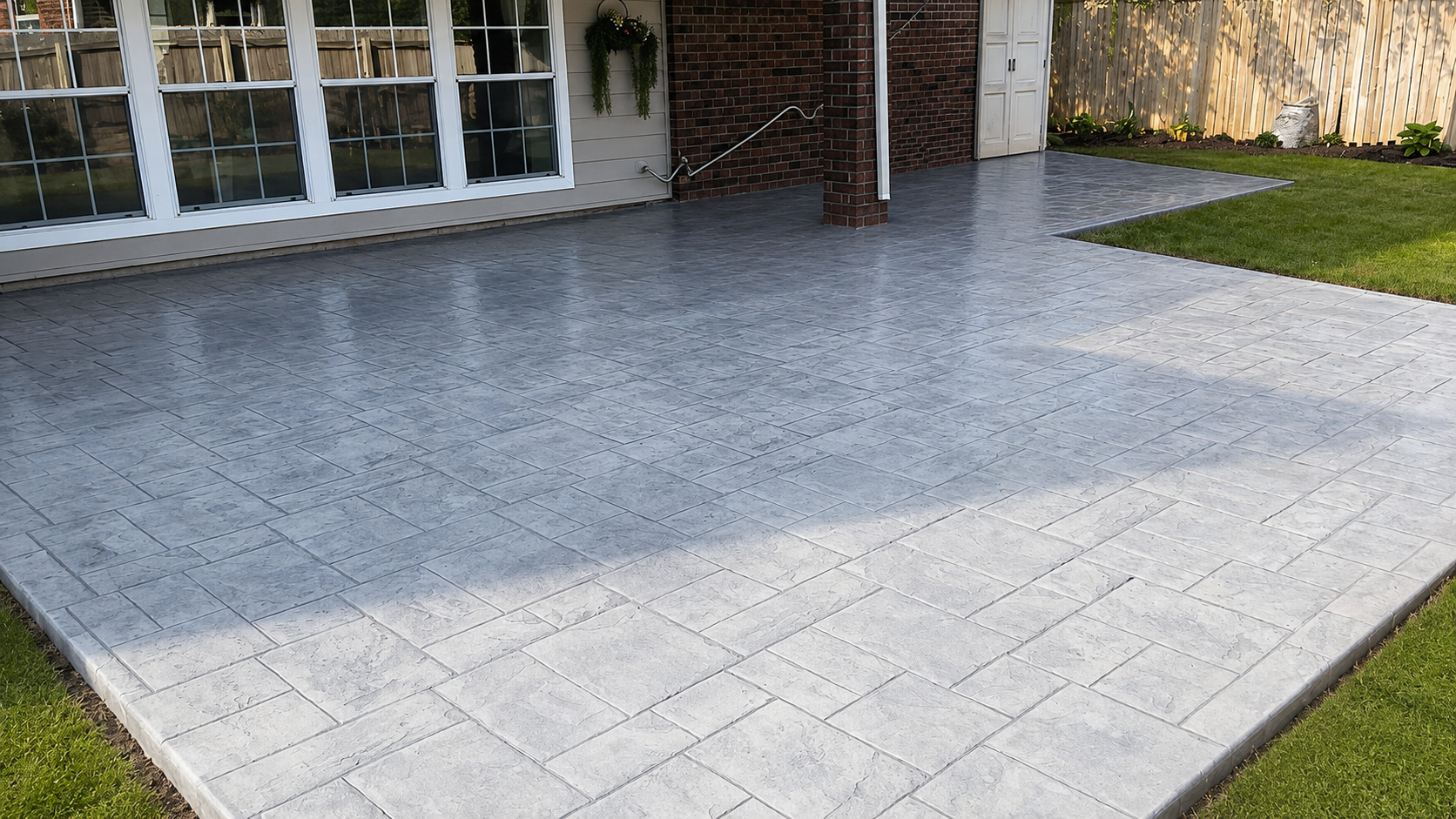 Sunlit stone patio beside a house, with a shadowed backyard and glass doors in the background.
