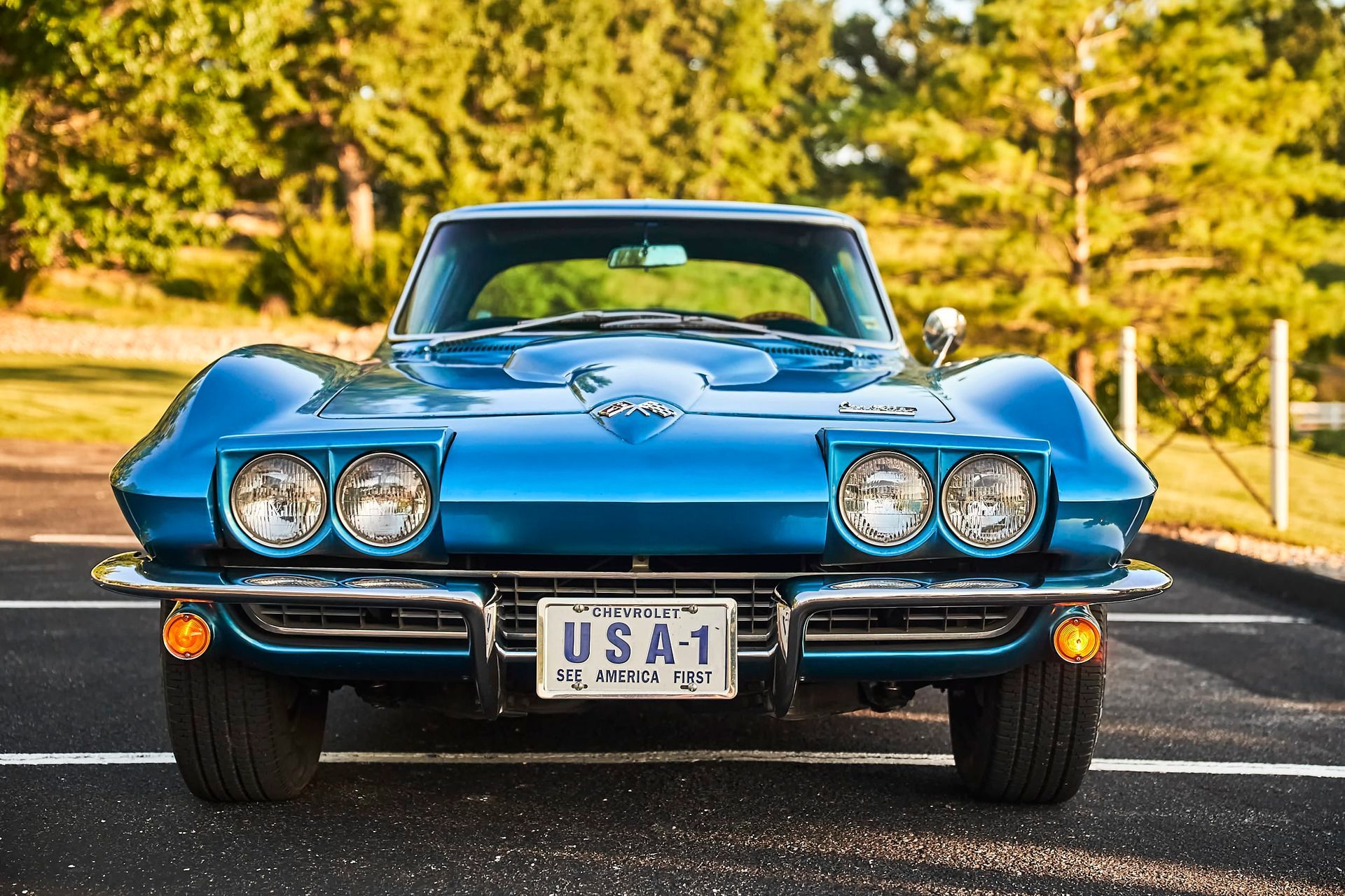 Blue 1963 Chevrolet Corvette Stingray with chrome accents and USA license plate, parked on a paved area in front of trees.