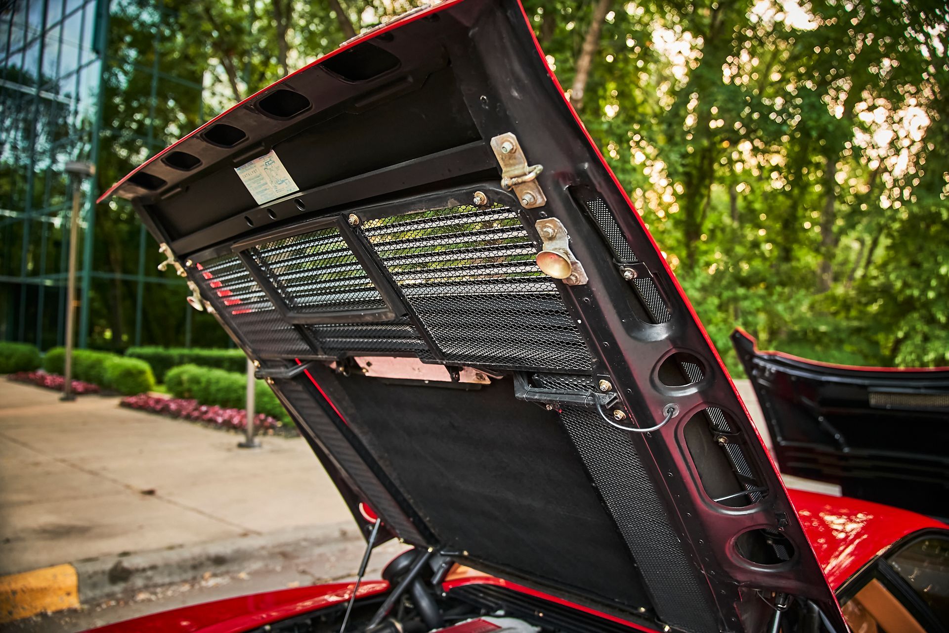 The hood of a red sports car is open.