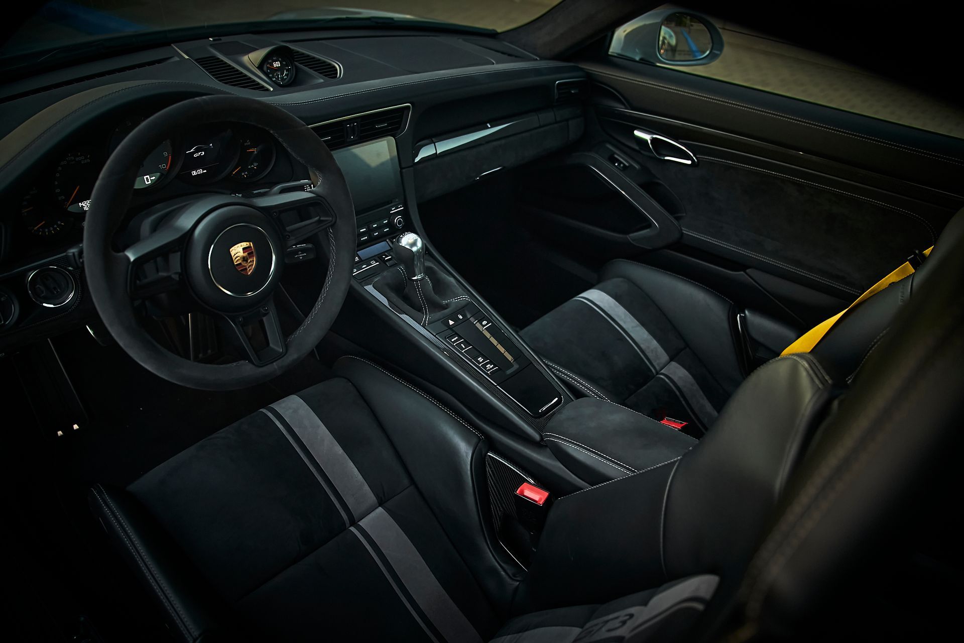 A close up of the interior of a porsche 911 gt3 rs.