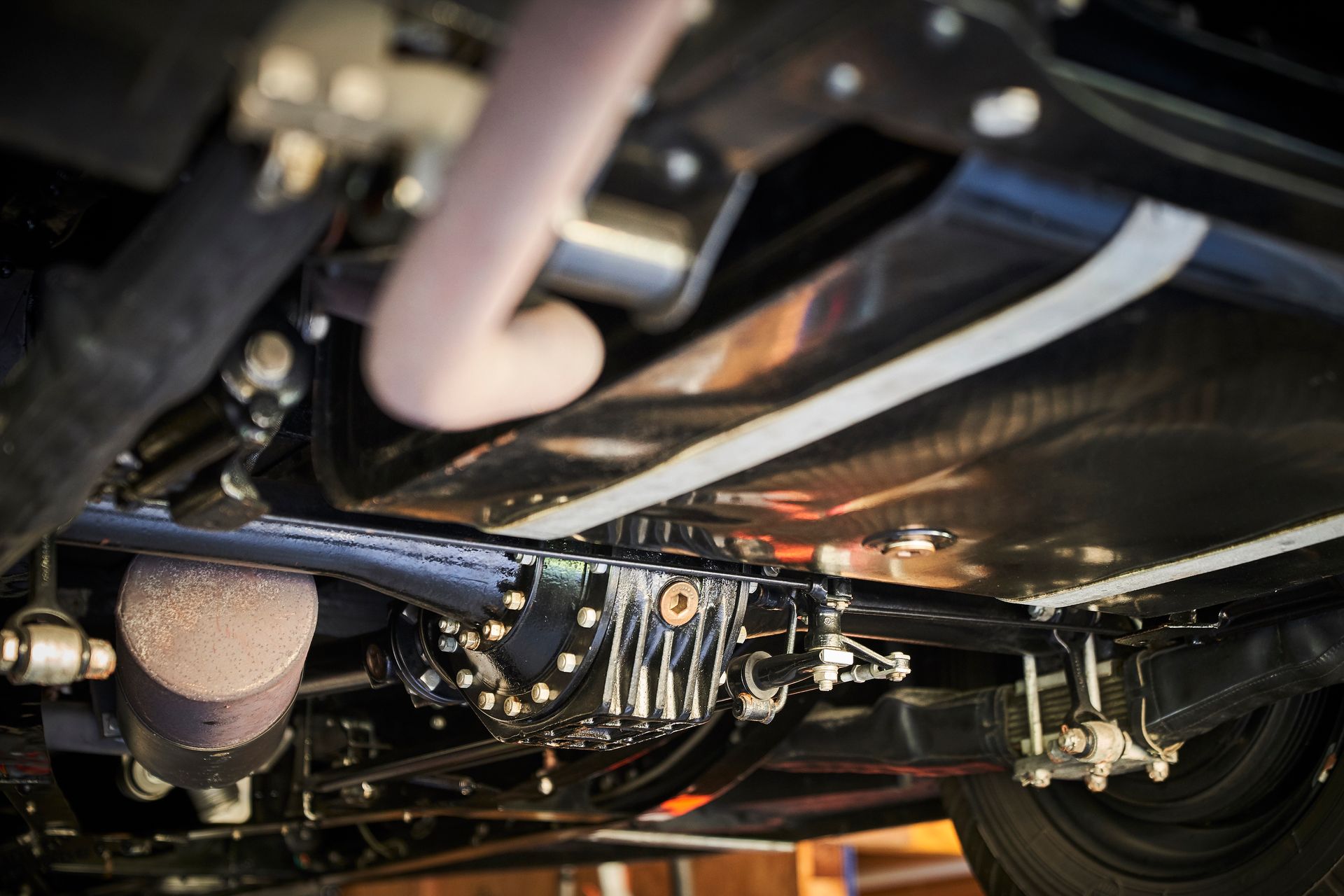 A close up of the underside of a car.