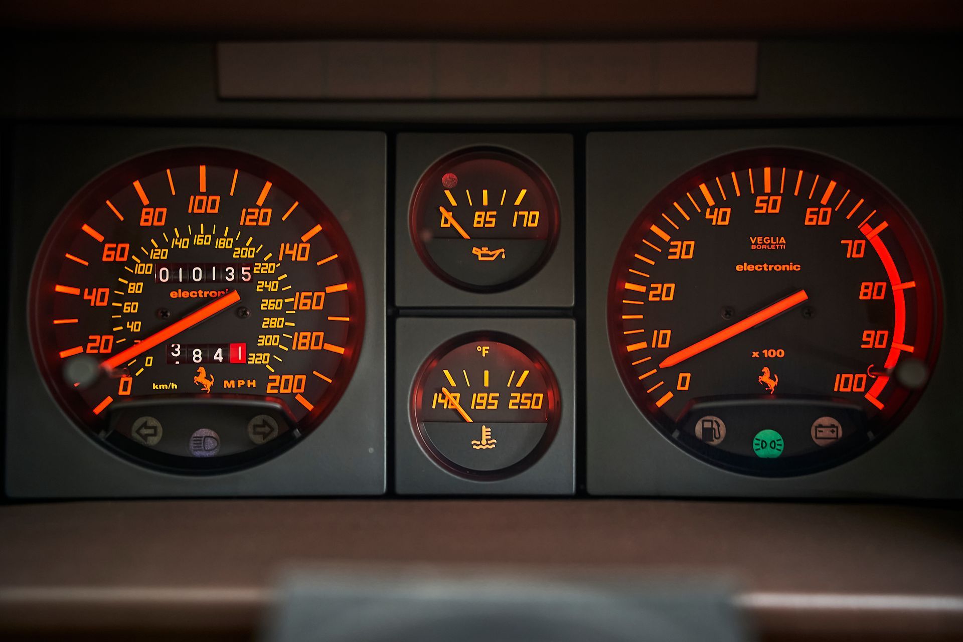 A close up of a car dashboard with a speedometer and other gauges