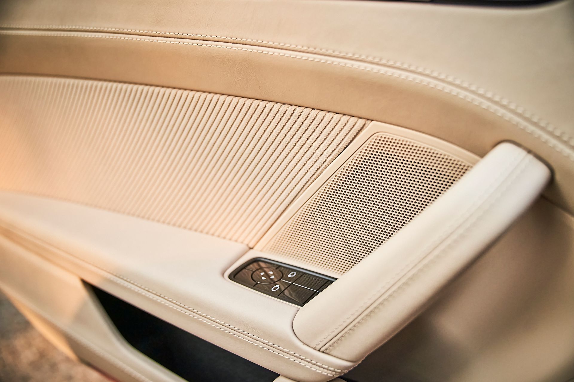 A close up of a car door with a speaker in it