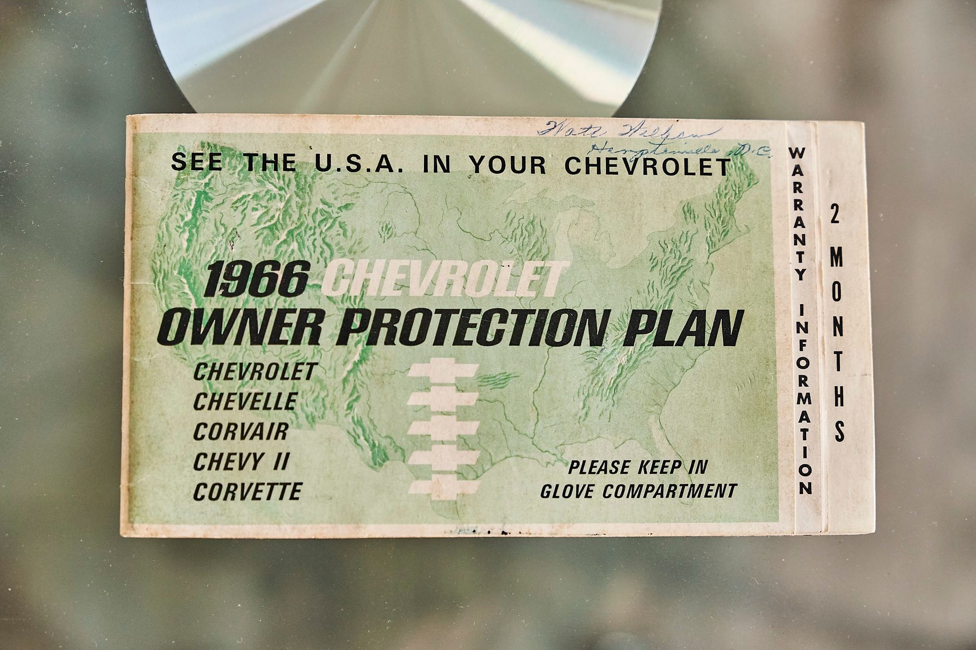 A 1966 Chevrolet Owner Protection Plan booklet with a green map of the USA on the cover.