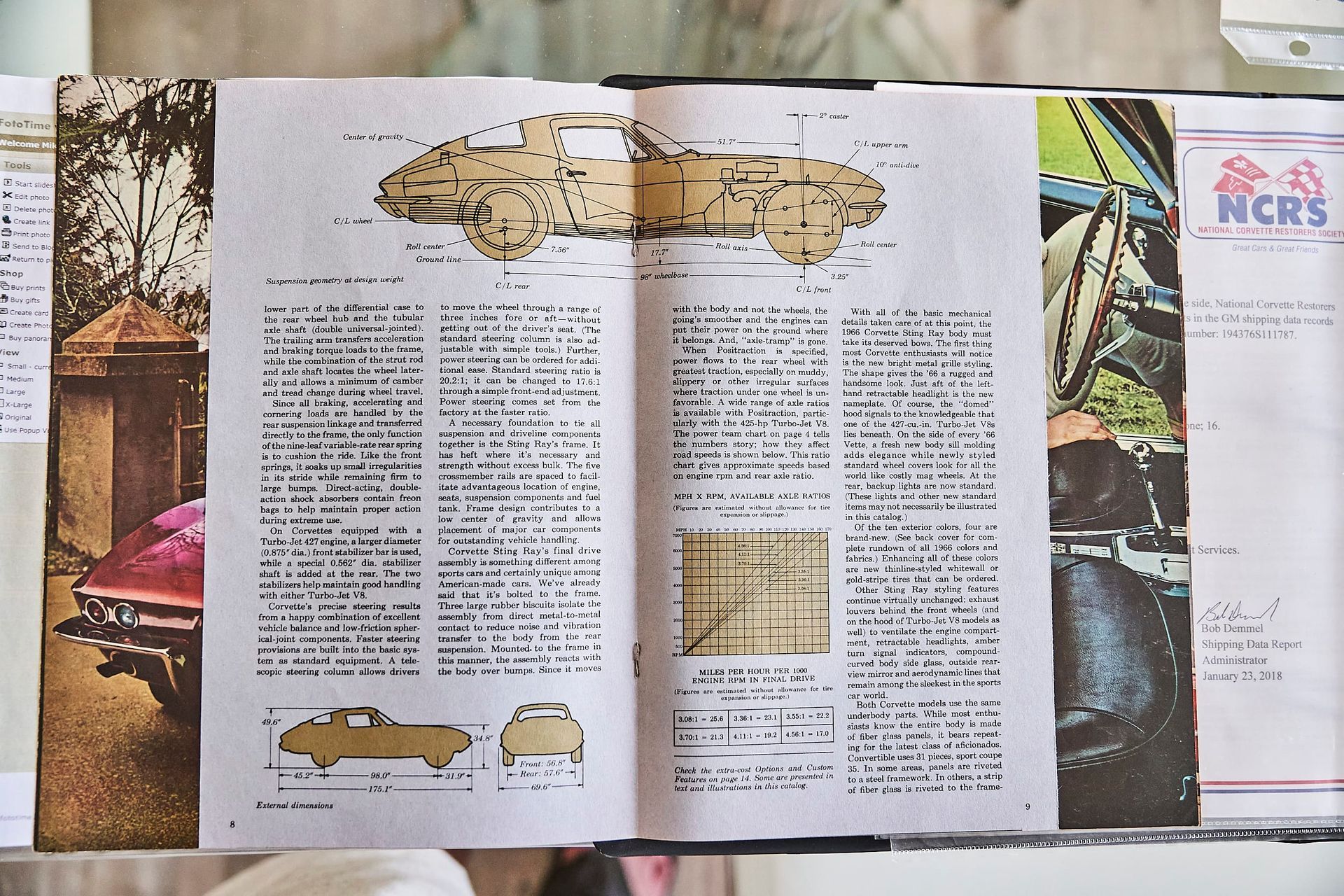 Open magazine with a car diagram and dense text, surrounded by other paper clippings with images of cars and text.