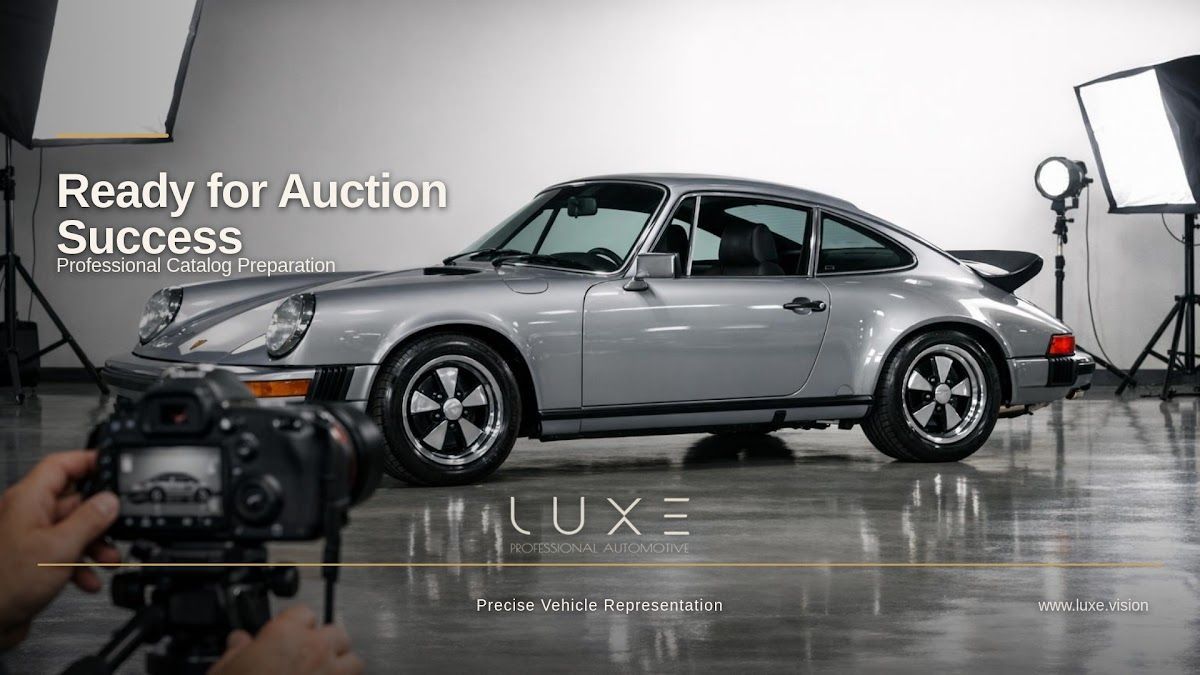 Silver Porsche in a studio with auction lighting and a photographer in the foreground