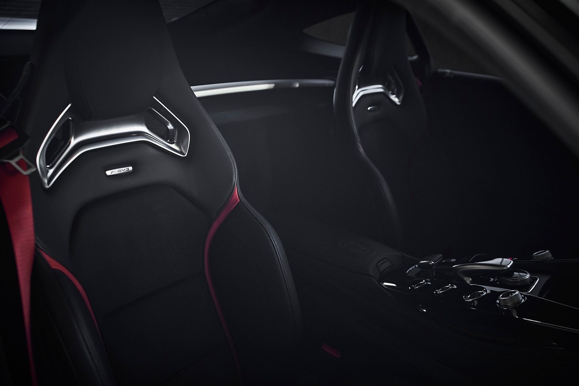A close up of a car seat with the word amg on it