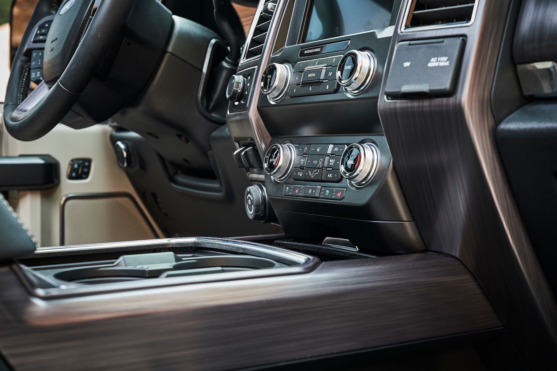 A close up of the interior of a ford f150 truck.