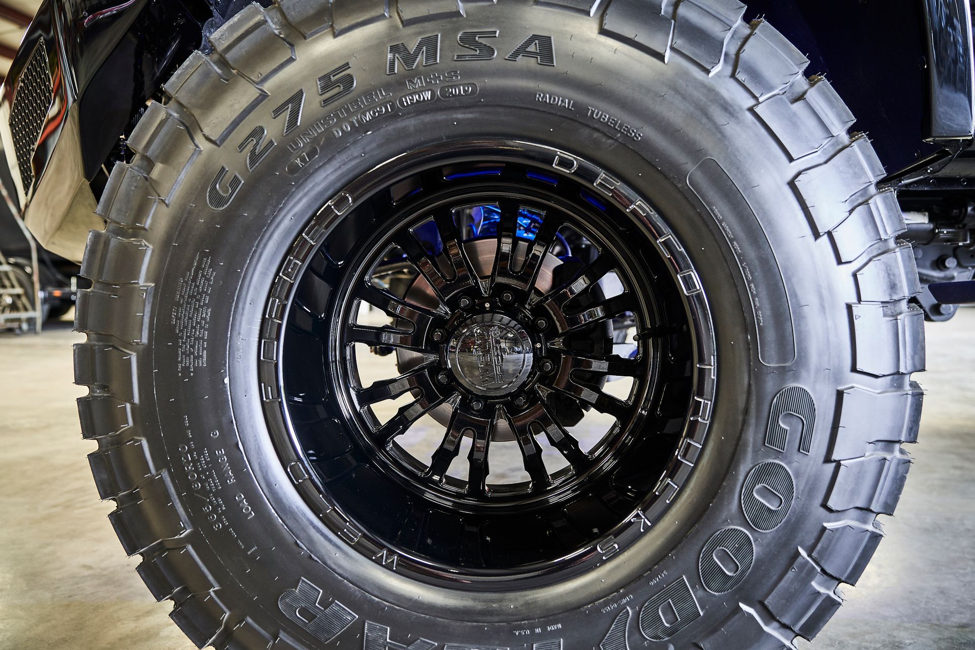 A close up of a msa tire on a truck