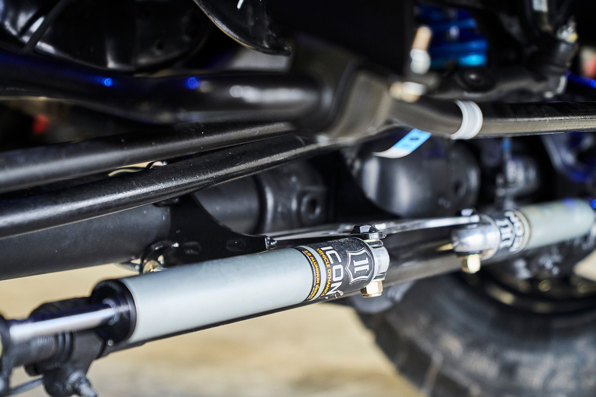 A close up of a steering system on a truck.