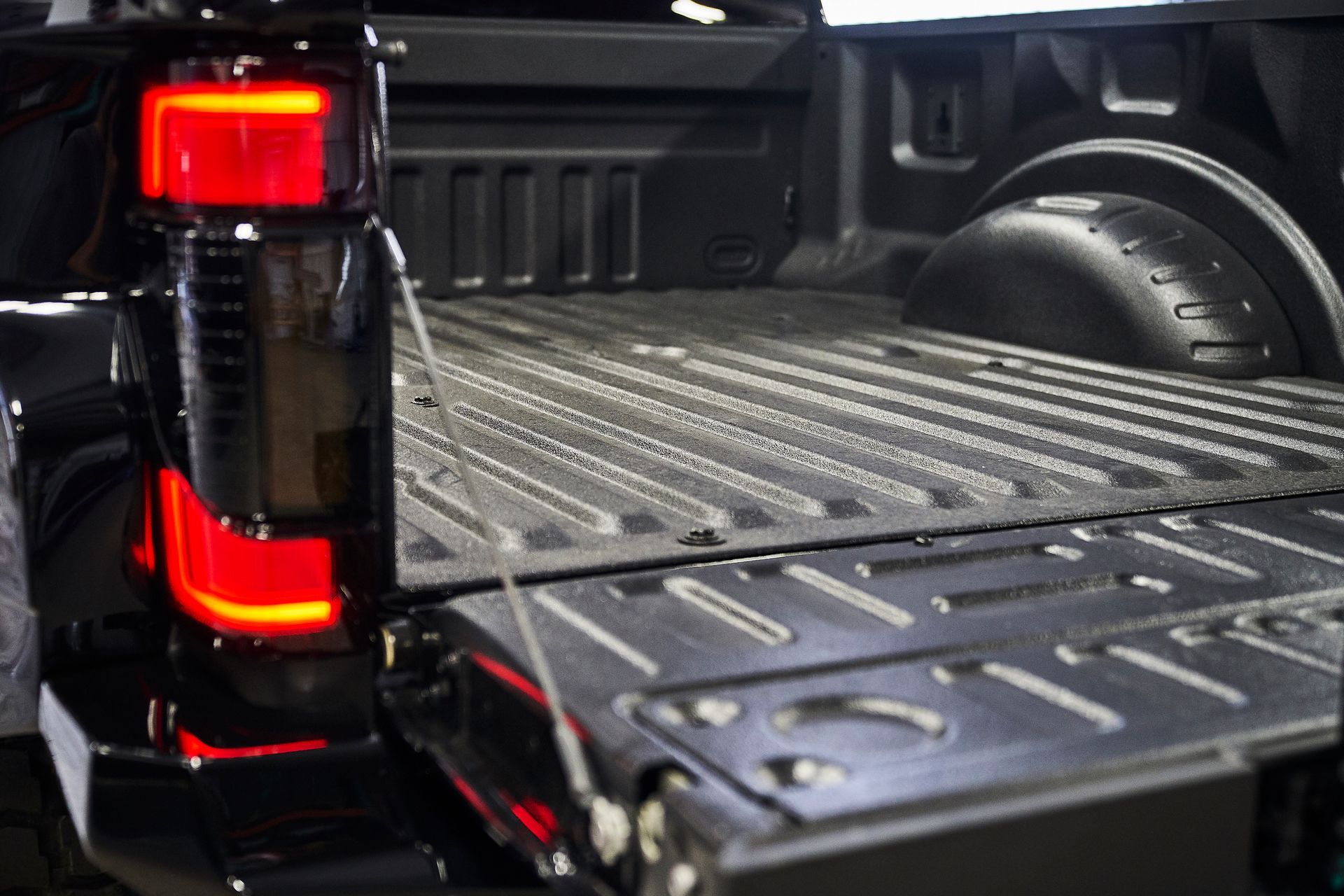 A close up of the tail light of a truck.