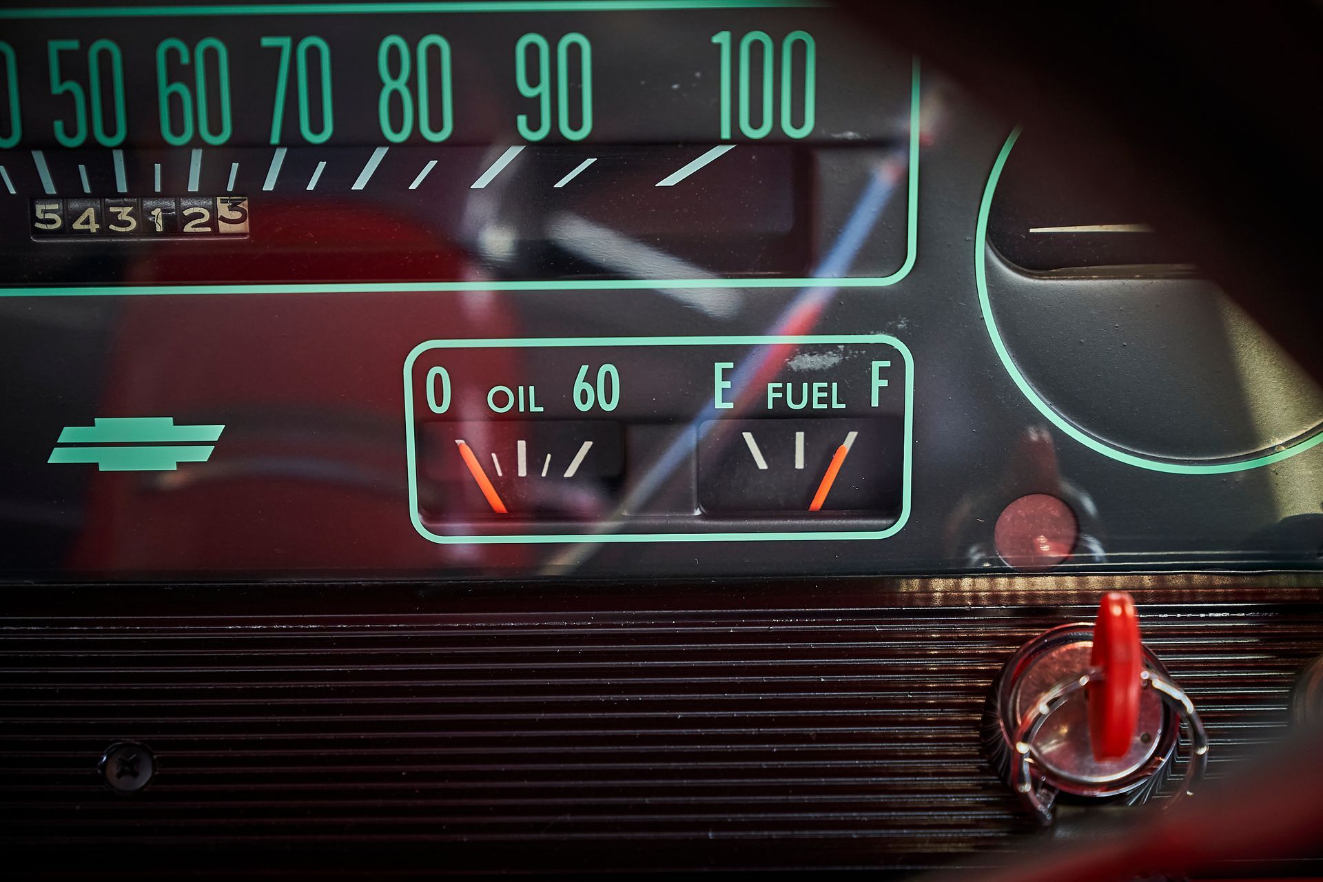 A close up of a car dashboard showing the oil level and fuel level