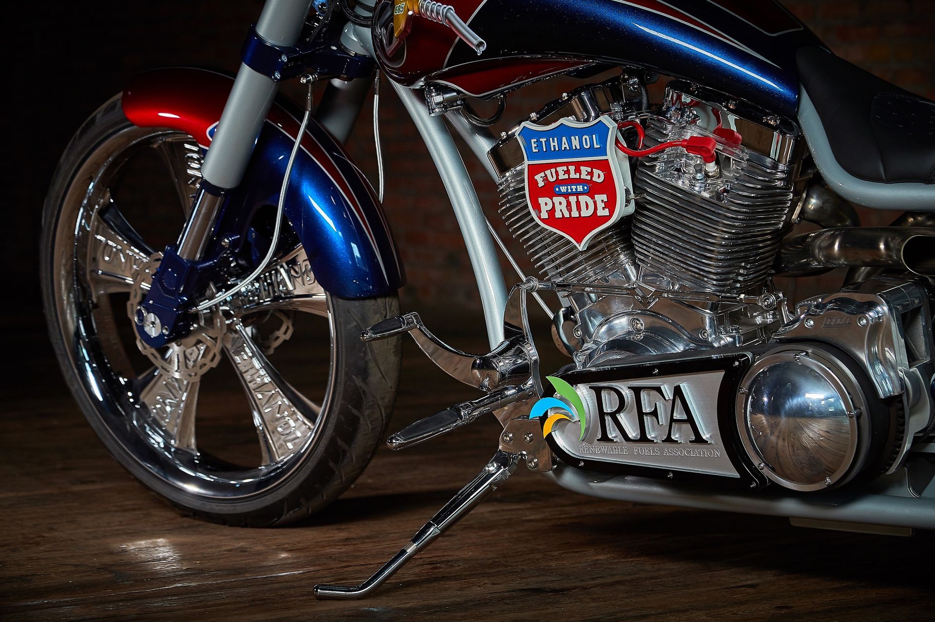 A close up of a motorcycle with a license plate that says rfa