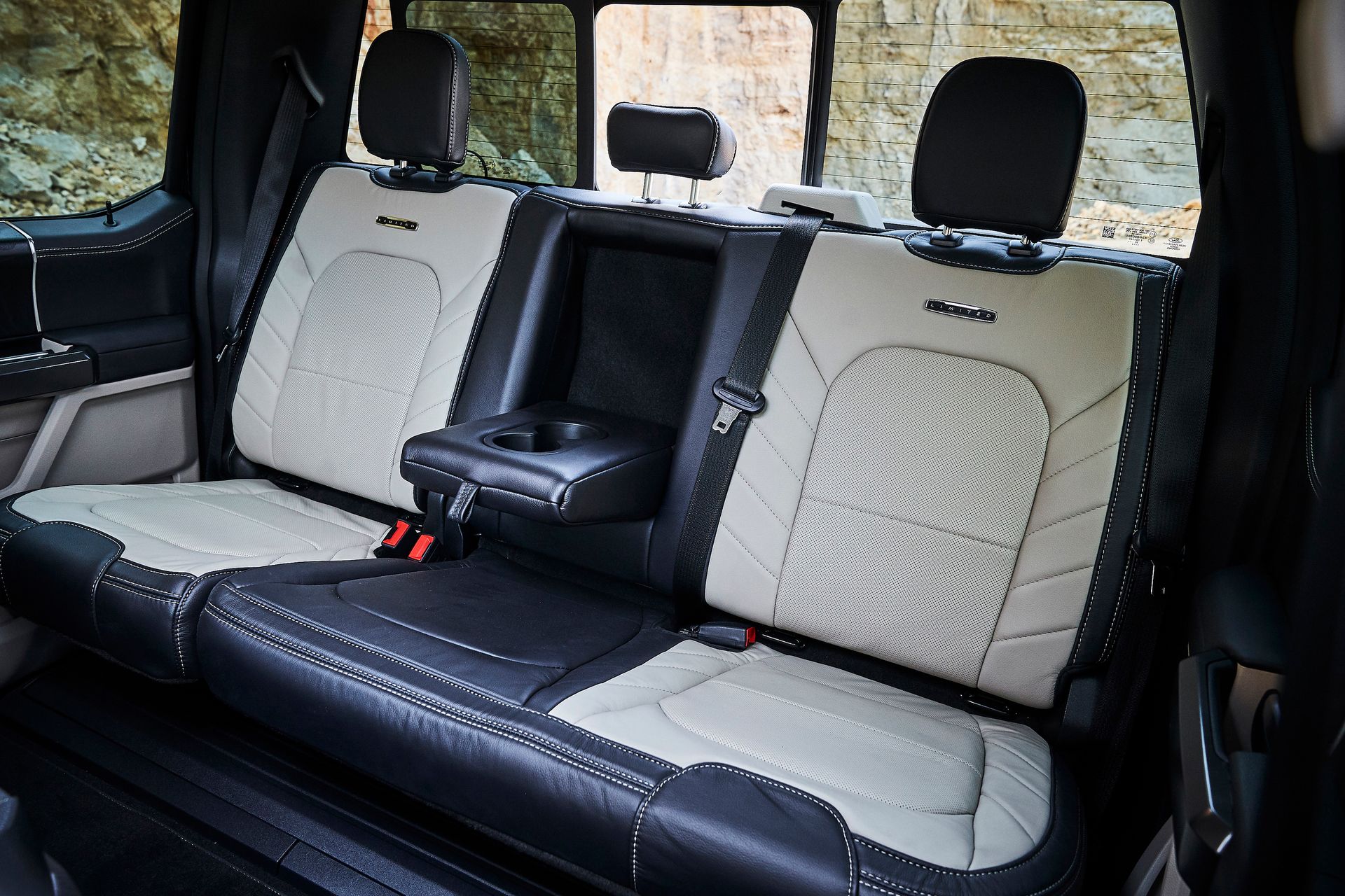The rear seats of a ford f150 truck are black and white.