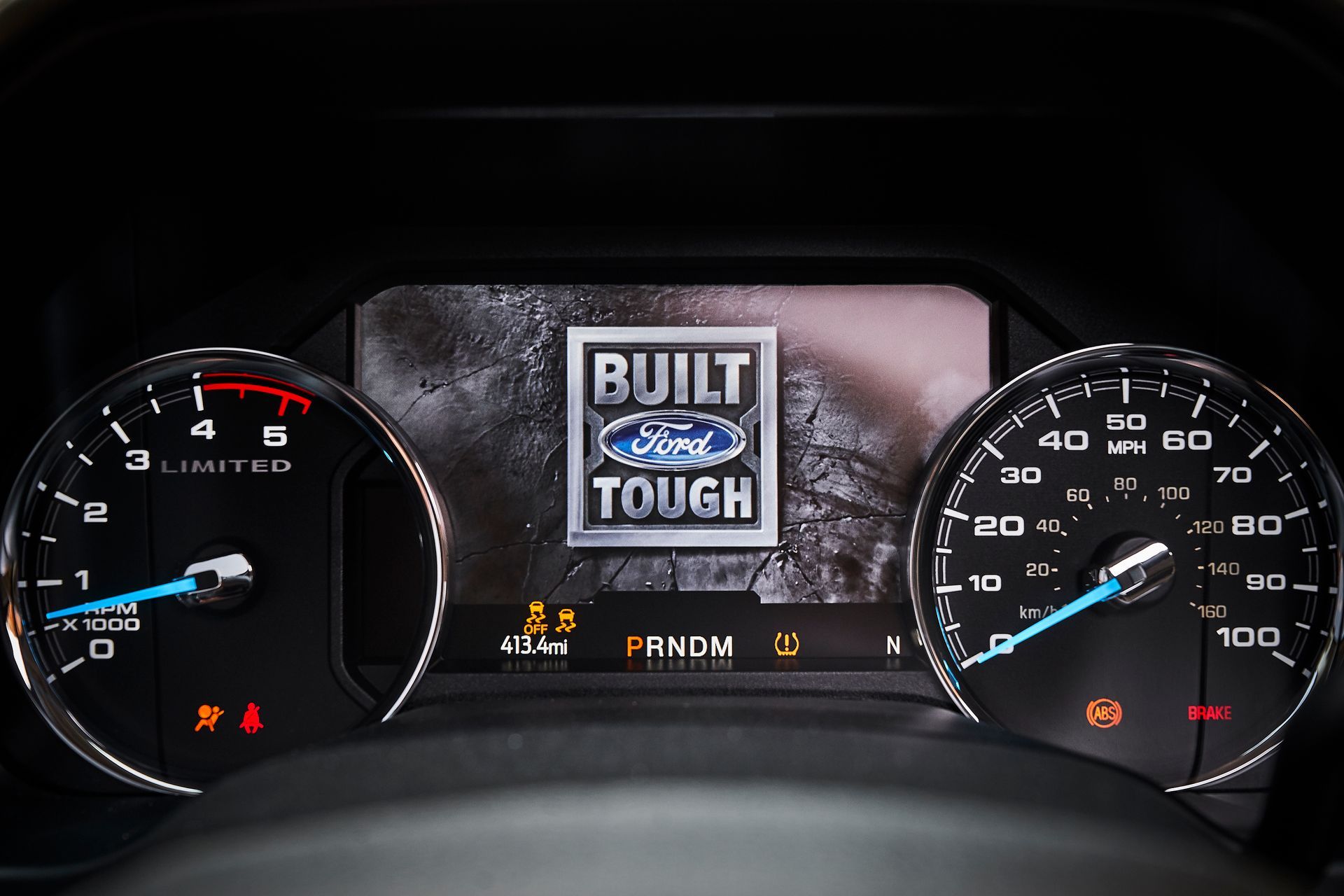 A close up of a ford built tough dashboard