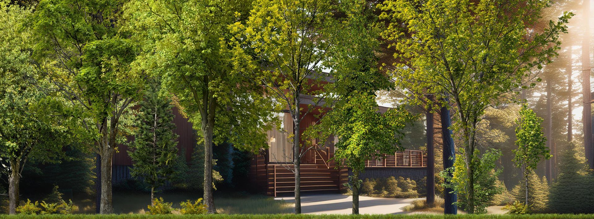 De zon schijnt door de bomen voor een huis.