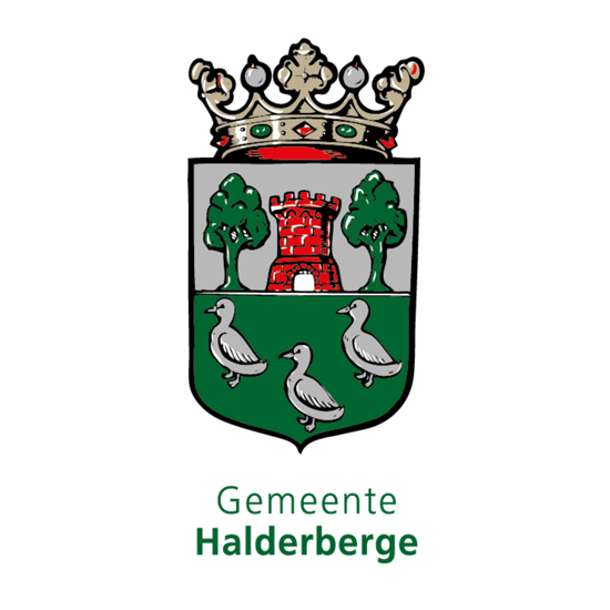 Een groen en wit wapenschild met eenden en bomen erop