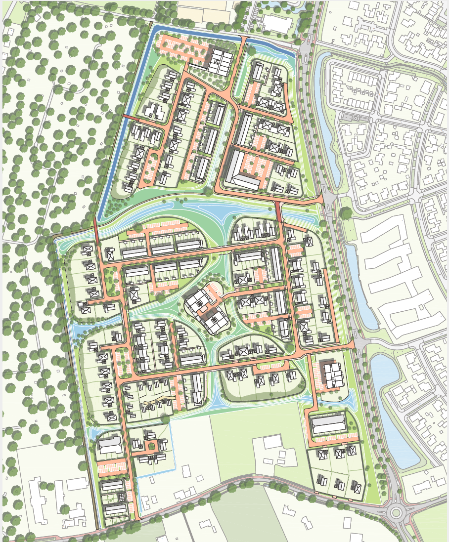 Een kaart van een woonwijk met veel gebouwen en bomen.