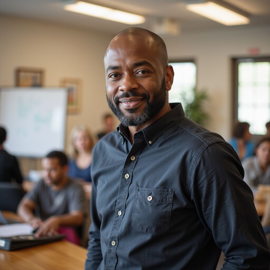 Man in black shirt smiling in a classroom with students.