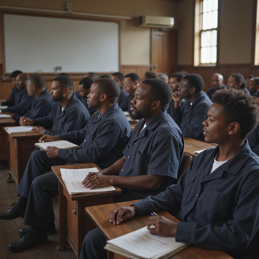 Men in blue uniforms in a classroom, listening. Desks, whiteboard, and a window are visible.
