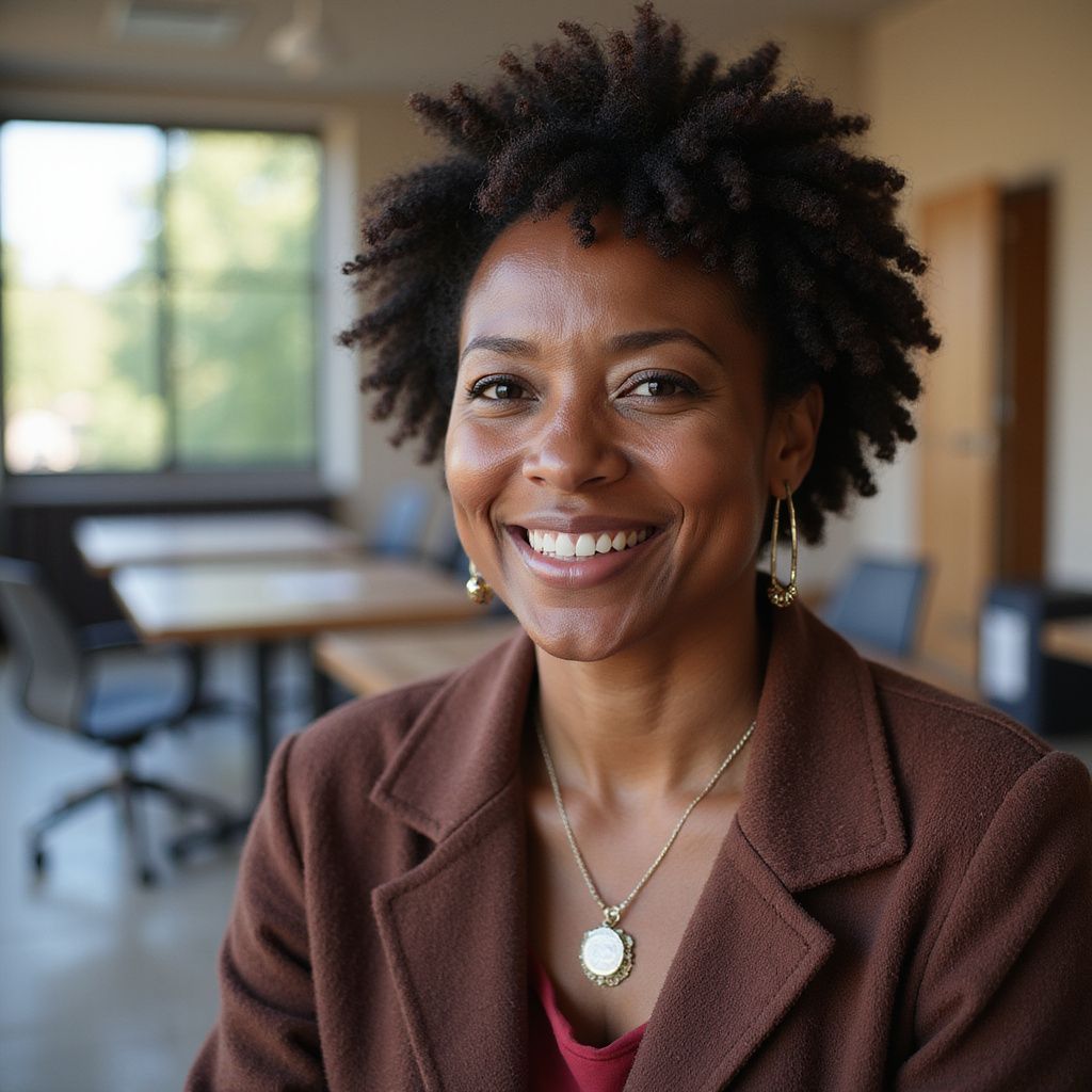 Woman smiling, wearing brown blazer, standing in an office with tables and chairs.