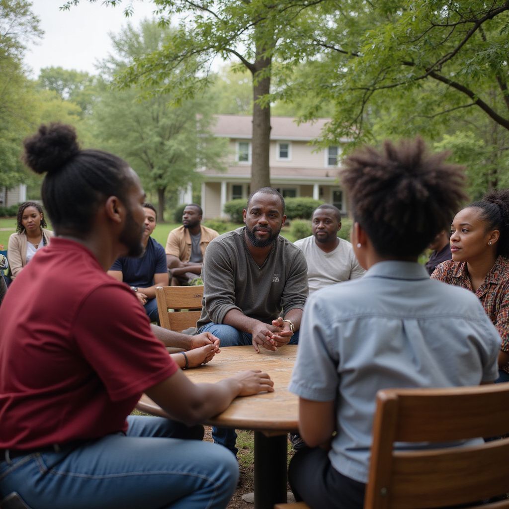 Group of people in a circle, talking outdoors. Wooden table and chairs, trees and a building are in the background.