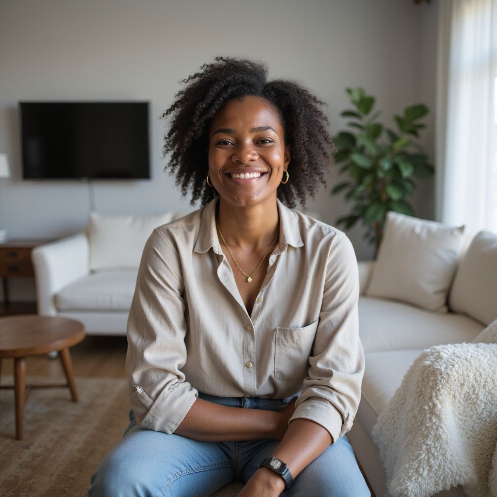 Woman with natural hair smiles, sitting in a living room with a couch, tv, and plant.