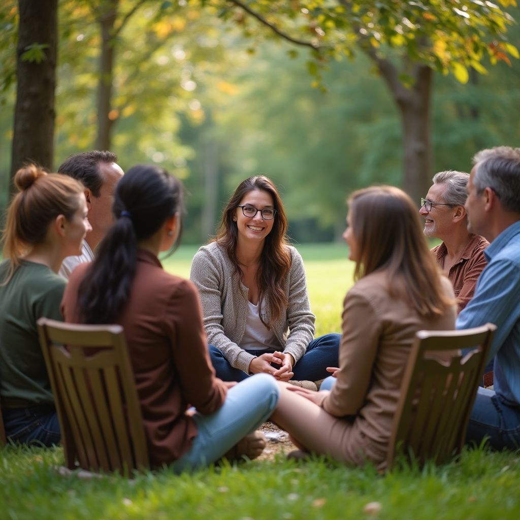 Group seated in a circle on grass, smiling and talking outdoors in a park.