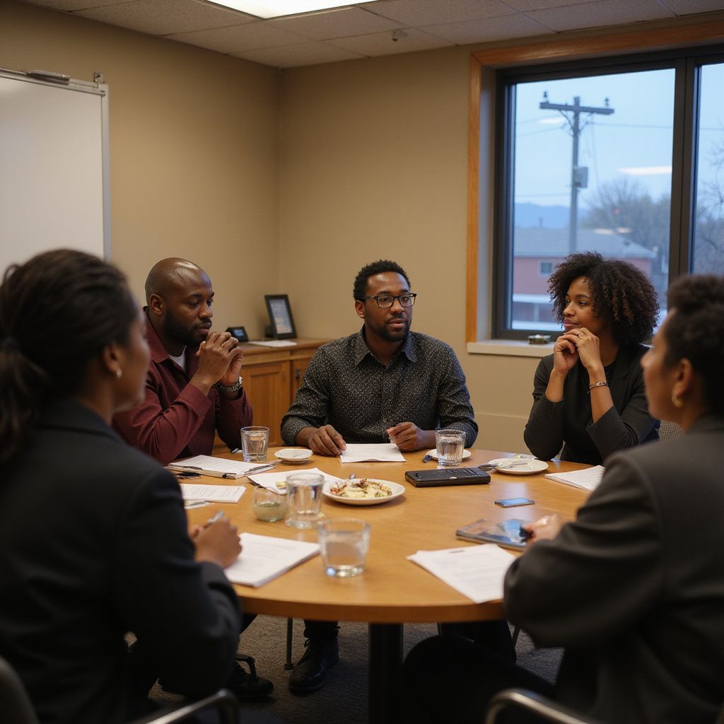 People seated around a round table in an office, engaged in a discussion.