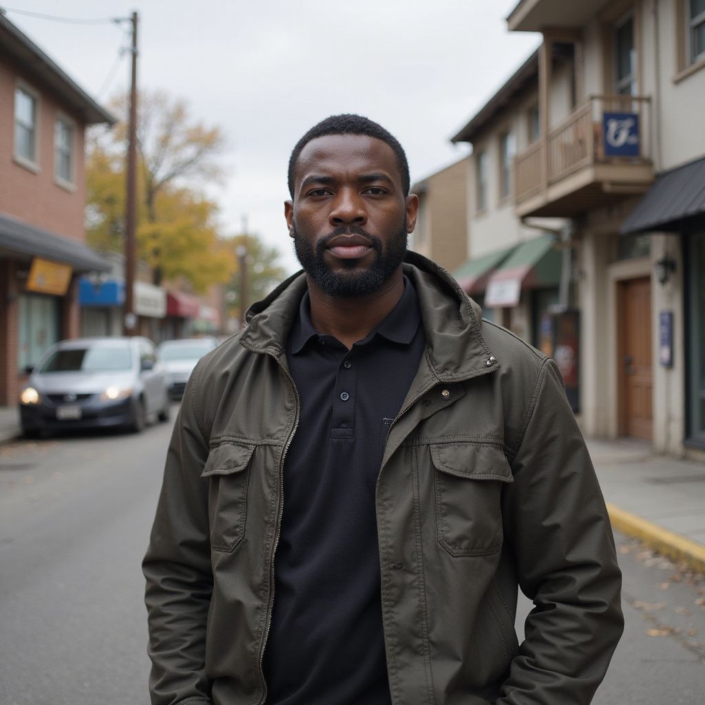 Man standing on a street in a jacket, looking at the camera. Buildings and cars are in the background.