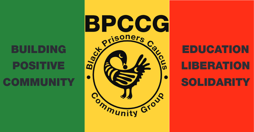 Flag with green, yellow, and red panels. The yellow panel displays a logo for Black Prisoners Caucus Community Group with the words “Building Positive Community” and