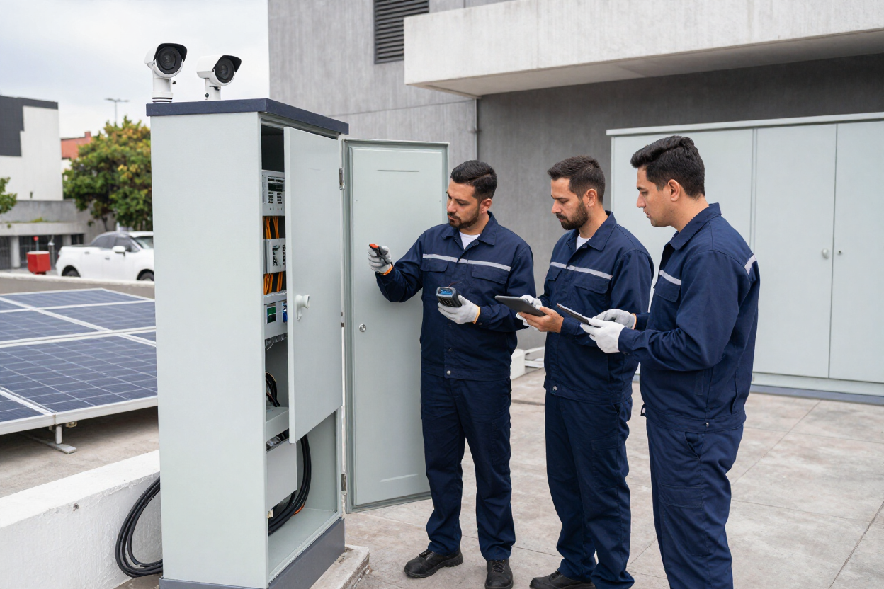 Técnicos profesionales revisando instalaciones eléctricas, CCTV y paneles solares en un entorno urbano ordenado