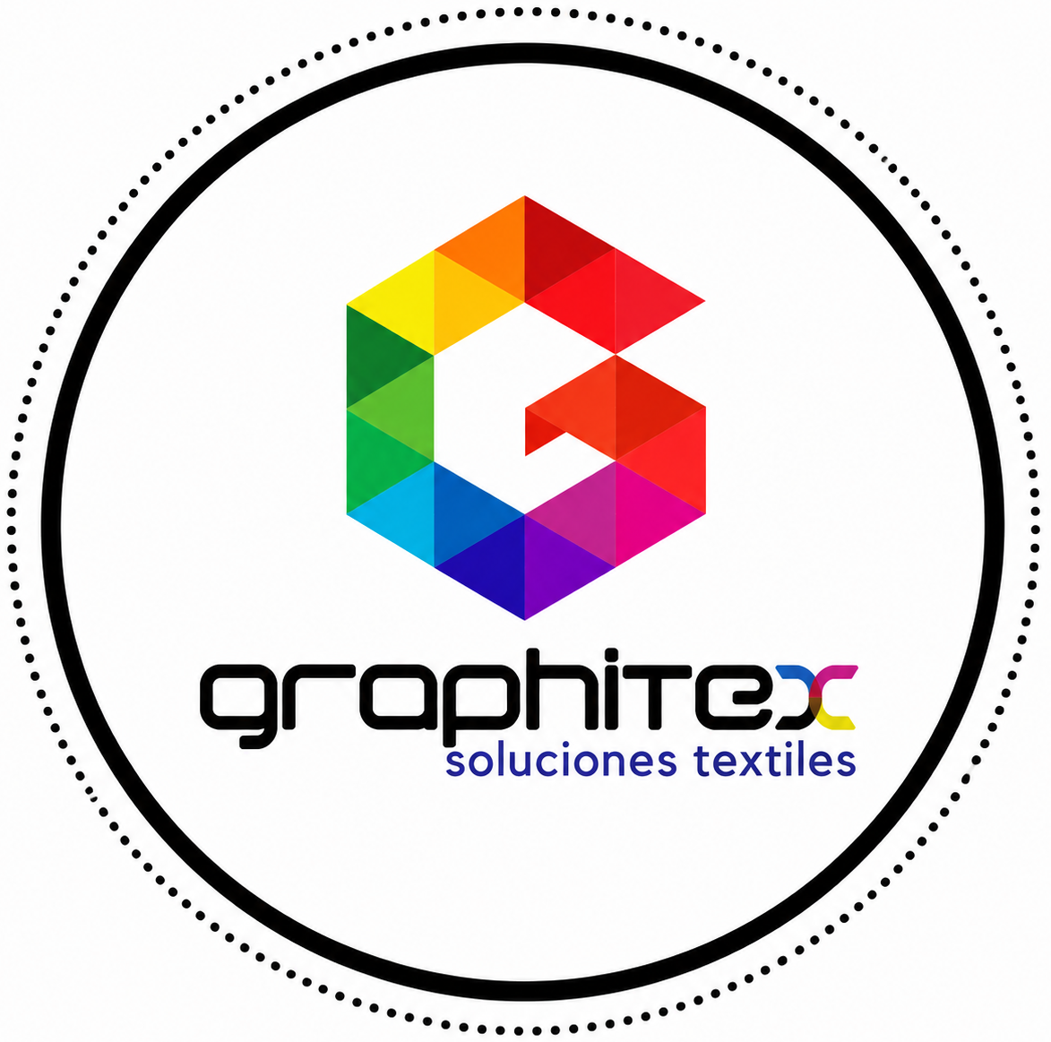 Logotipo hexagonal colorido de Graphitex con las palabras “soluciones textiles” sobre un fondo circular blanco.