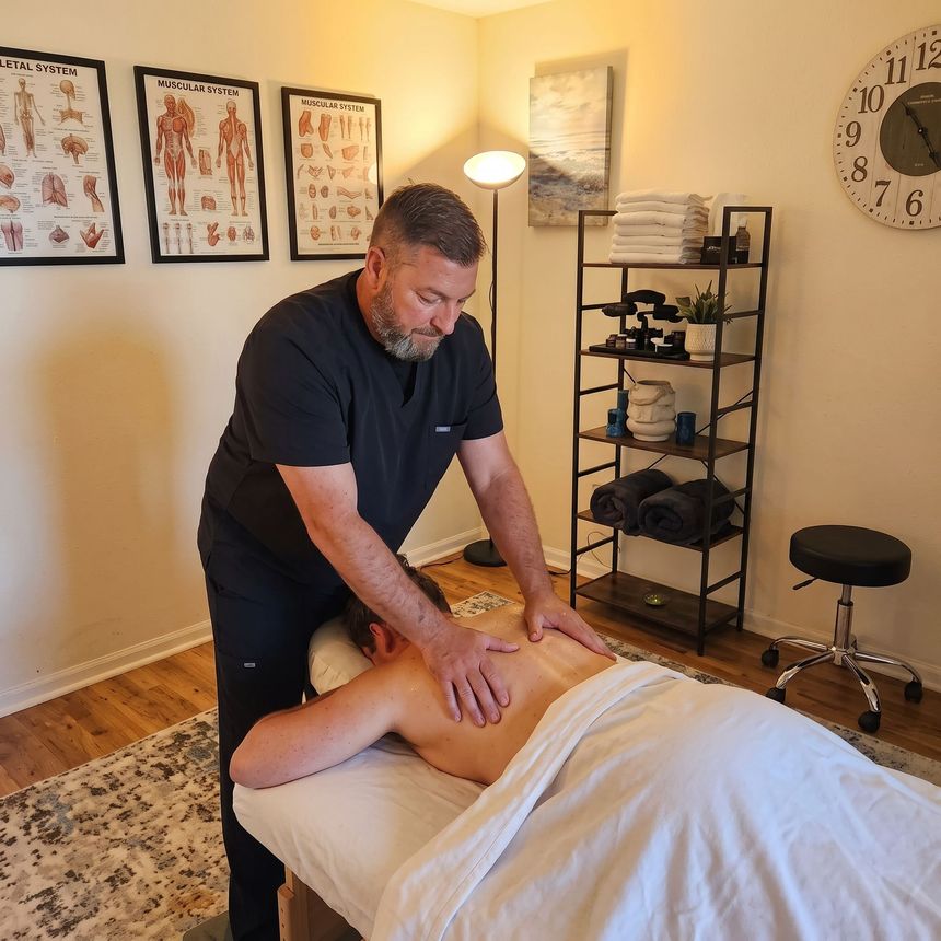 Massage therapist working on a client on a table in a warm-lit room