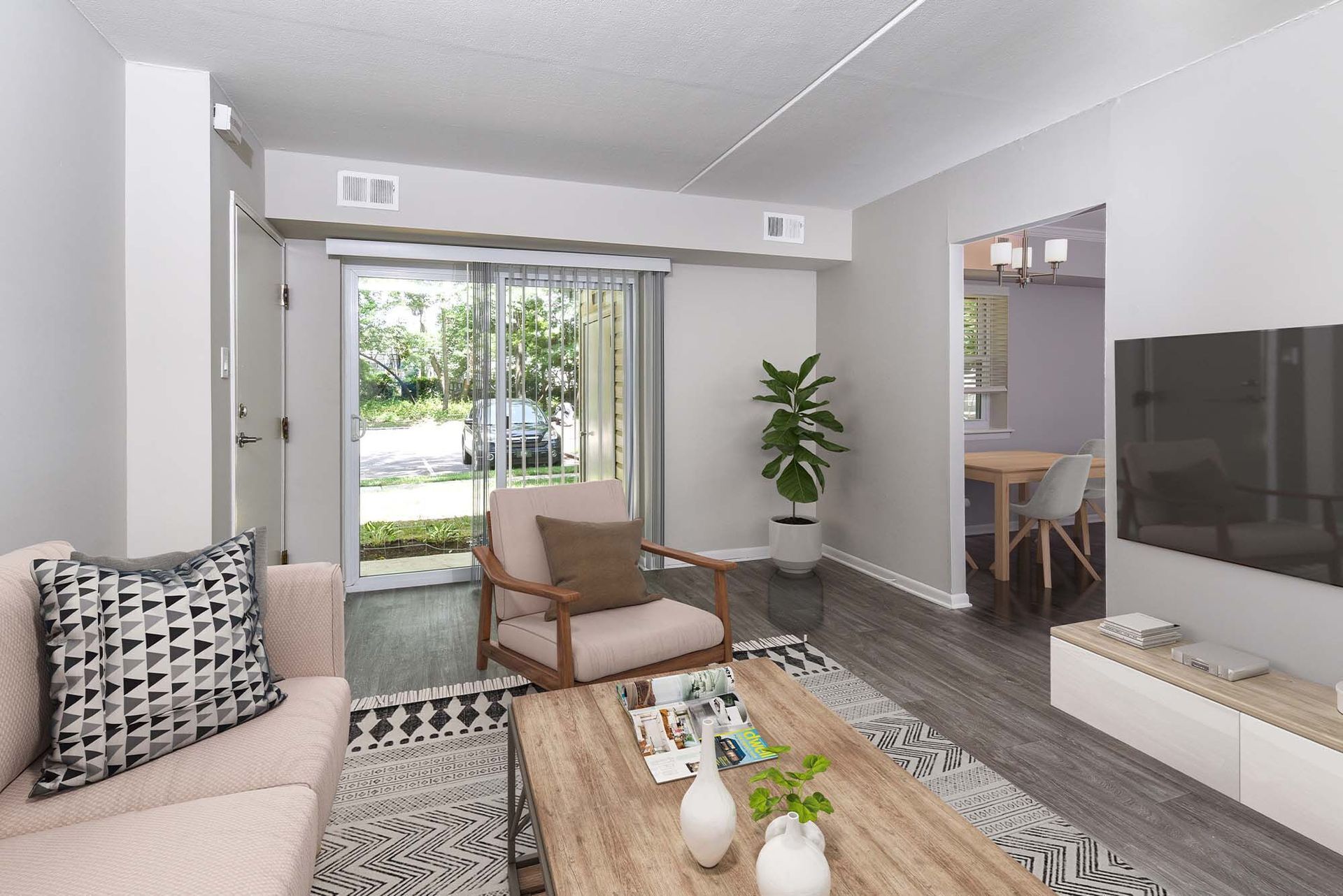 Living room in an apartment with a sliding glass door, sofa, armchair, rug, coffee table, TV, and a potted plant.