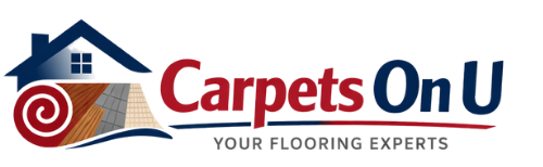 Logo of Carpets On U featuring a house, rolled carpet, and text 