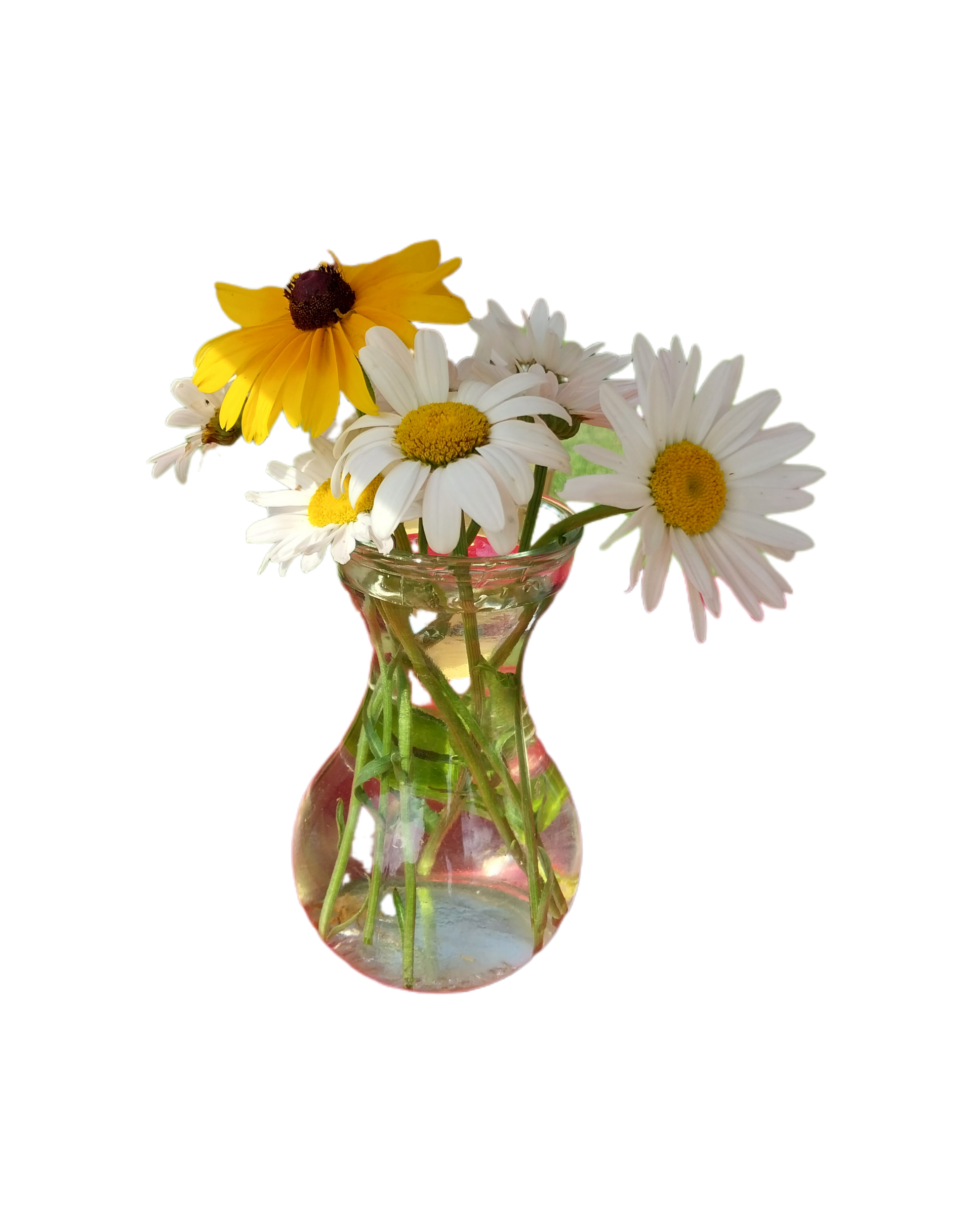 A small glass vase filled with a bouquet of white daisies and one yellow coneflower against a white background.