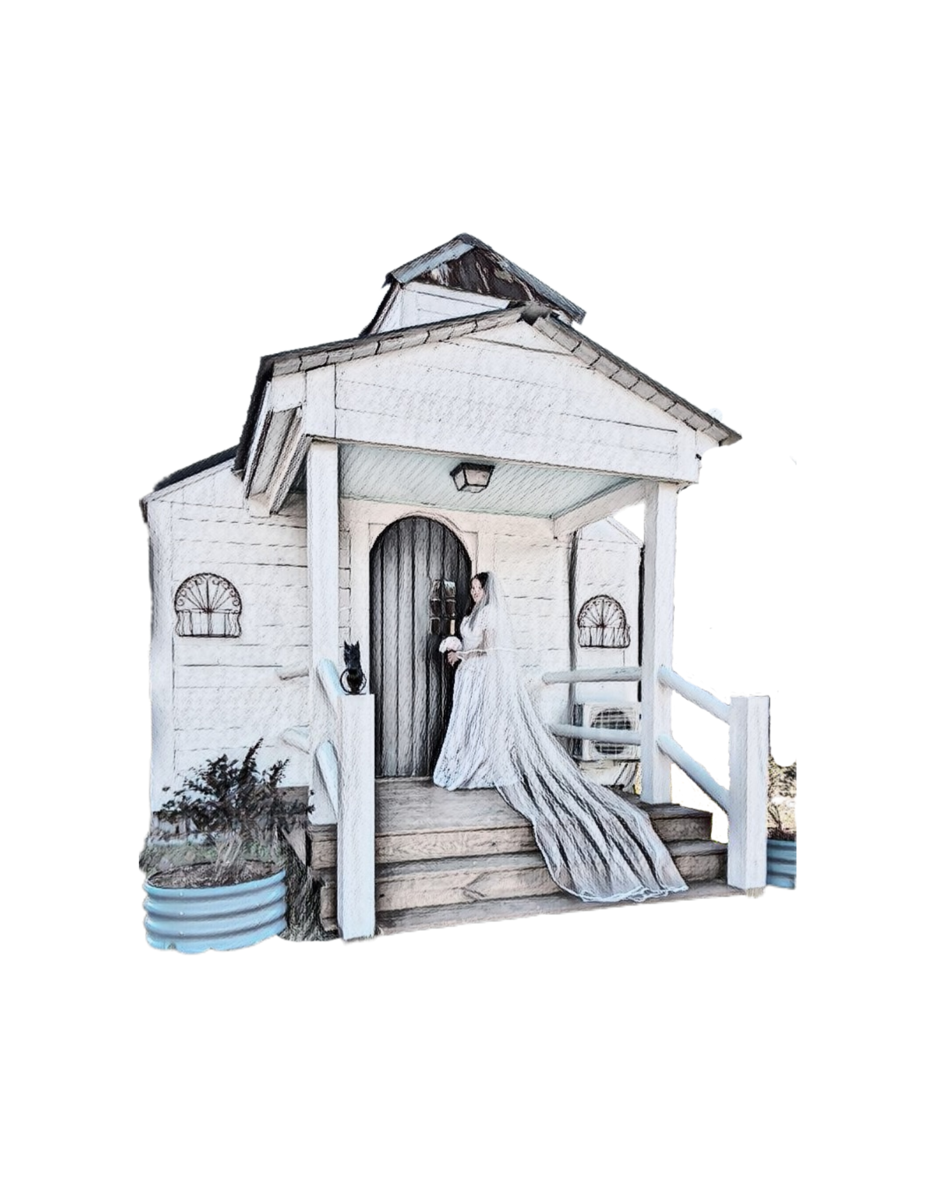A person in a long white bridal gown stands at the arched wooden doorway of a small, white wooden chapel.